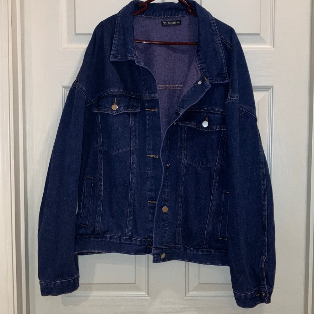 SHEIN Oversized Denim Jean Jacket Dark Wash 4XL Like New Coat Silver Button Down